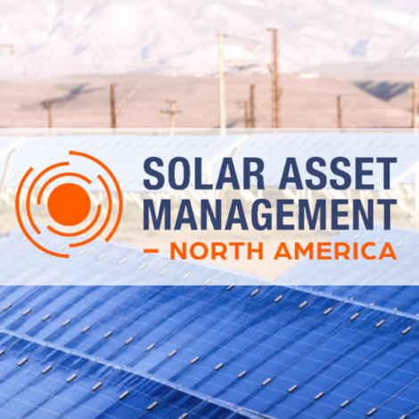 Solar Asset Management North America Logo - name in blue and orange text with a sun symbol in orange to the left on a whited out background of solar panels